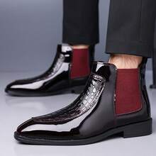 Men's Fashionable Business Chelsea Boots With Pressed Crocodile Texture Design, Elastic Band Ankle Dress Boots, Business Party Pointed Low Heel Fashion Footwear - 棕色 - 查看 3