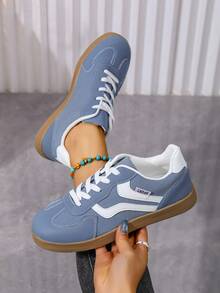 Adidași plați retro cu model patchwork pentru femei, mărime plus, stil european și american nou 2026 - Albastru - Vizualizare 1