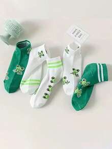 5 Pairs Cute Cartoon Green Frog Pattern Ankle Socks, Spring/Summer - Multicolor - View 2