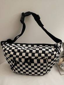 Women's Corduroy Checkerboard Pattern Chest Bag, Multi-Pocket Organizer With Adjustable Strap, Suitable For Daily Commute, Travel, Leisure Shopping - Black - View 5