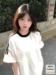 2026春夏新款短袖中长款T恤女装，时尚撞色条纹上衣 - 白色 - 查看 4