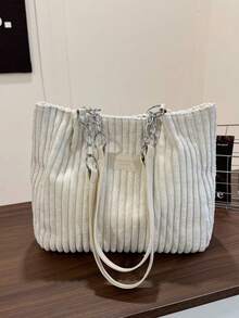 Túi xách kẻ sọc thời trang - Túi đeo vai cỡ lớn dành cho nữ - Túi tote có khóa kéo dùng hàng ngày - Túi tote quai xích kim loại - trắng - Xem 9