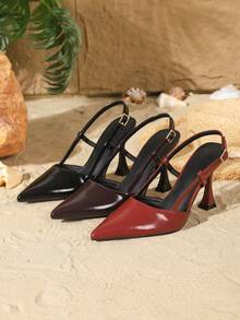 9cm Pointed Toe Adjustable Buckle Strap Matte PU Elegant High Heel Pumps, Versatile For Daily, Party, Date, Formal Occasions - Bordeaux - View 5