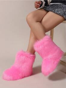 Women's Faux Fur Boots Furry Mid Calf Fur Boots Comfortable Outdoor Flat Shoes Winter Warm Plush Surface Snow Boots - 粉色 - 查看 1