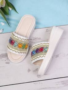 1 Pair Children's Casual Holiday Woven Platform Thick Sole Summer Wedge Slide Sandals - Beige - View 1