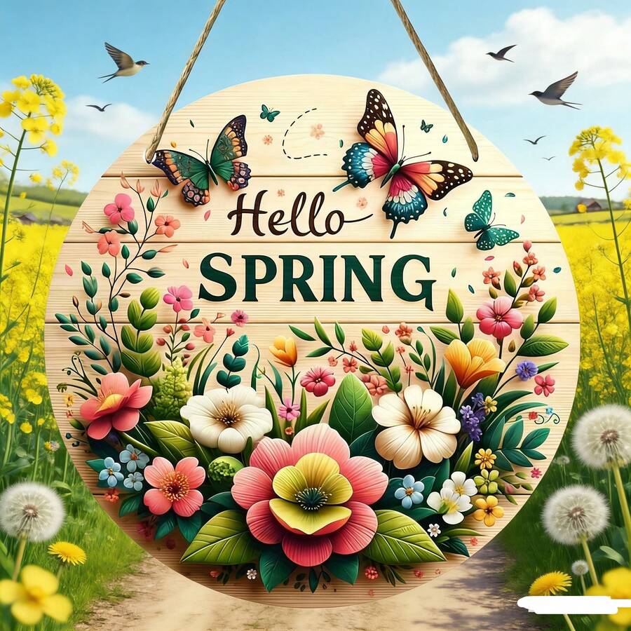 1个“你好春天”花环装饰牌，圆形木质“你好春天”装饰牌，春季花环装饰牌，节日装饰，房间装饰，家居装饰，节日装饰，前门装饰，墙面装饰，背景装饰 - 彩色 - 查看 1