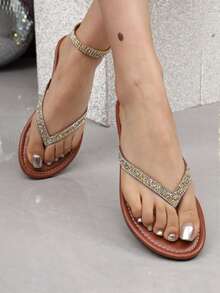 Rhinestone Thong Sandals For Women, Shiny Flat Flip Flops, Fashionable Beach Holiday Slippers - Gold - View 1