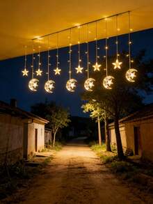 1PC Star‑Moon Curtain Lights,138LED 2.5*0.8M,2M Lead Wire,USB 5V Powered 8 Lighting Modes,LED String Light For Window Bedroom Wedding Party Holiday Home Decor Ornament - Yellow - View 2