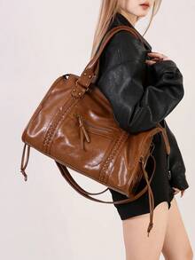 女士复古休闲时尚街头风水洗PU皮手提包，拉链封口，多功能口袋，编织装饰，大容量手提包，可装13英寸笔记本电脑，可调节肩带，可斜挎，适合日常通勤、大学生活、短途旅行，波西米亚风女包，新款时尚大容量女士手提包，女士礼品之选 - 彩色 - 查看 10