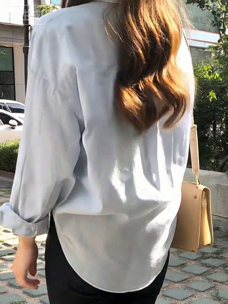 Women's Collarless Blouse, Suitable For Teenagers, 20s, 30s, Office & Casual Wear, Korean Style, Suitable For Spring, Autumn, Summer, Simple Design, Solid Color, Long Sleeve, Adult Size - Grey - View 11