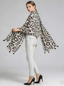 1pc Women's Leopard Print Scarf, Artistic Grey Tone Long Shawl With Tassels, Soft Cotton Linen Feel, Travel Accessory - Multicolor - View 1