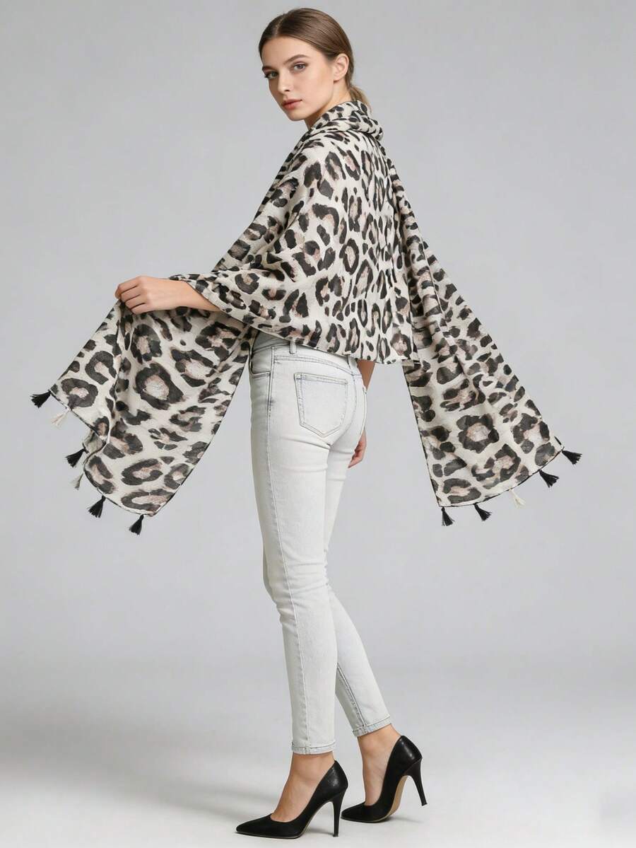 1pc Women's Leopard Print Scarf, Artistic Grey Tone Long Shawl With Tassels, Soft Cotton Linen Feel, Travel Accessory - Multicolor - View 1