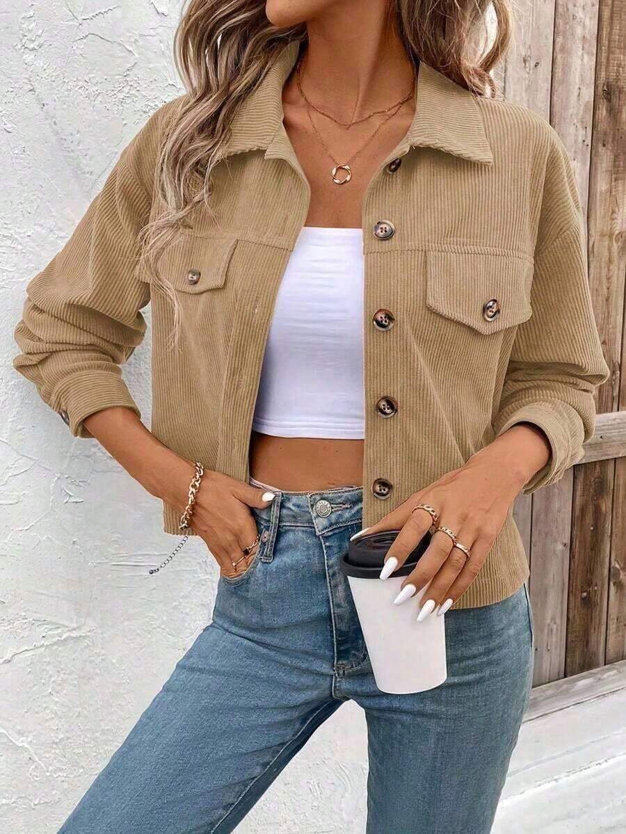 2025 Autumn/Winter Korean-Style Warm And Fashionable Coat, Corduroy Coat That Is Versatile And Suitable Daily Wear, Elegant Appearance,Laid-Back Look - 杏色 - 查看 1