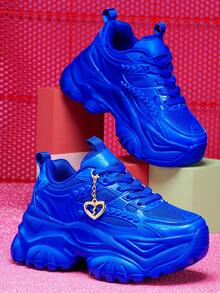 皇家蓝甜美休闲运动鞋，女士大码鞋款，轻盈EVA材质，7厘米厚底厚底运动鞋，Y2K风格金色破碎心形吊坠 - 藍色 - 查看 7