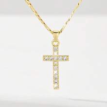1pc European & American Classic Copper Inlaid Zirconia Cross Pendant Necklace, Limited Edition "Light Of Protection", Suitable As Gift For Christmas, Thanksgiving, Halloween, Mother's Day, Valentine's Day, Friends, Communion, Daily Wear & Prayer - Yellow Gold - View 8