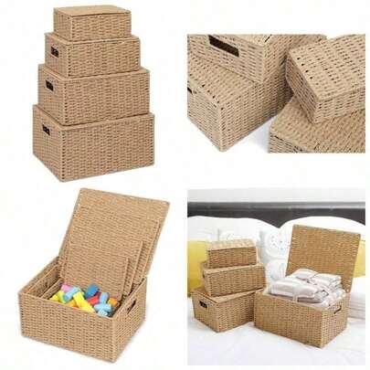 Storage Basket Hamper Set Of 4 - Storage Bin With Lid Insert Handle Easy Carrying - Convenient Storage Organizer Box - Including Small, Medium, Large, LargeNatural