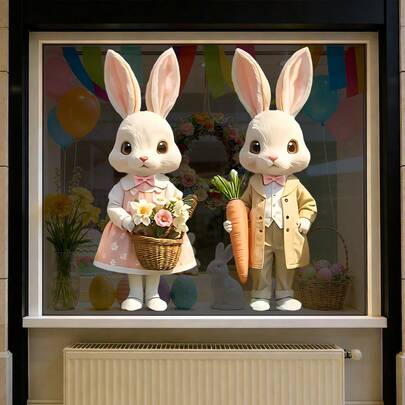 1 Peça Adesivo de Janela Coelho da Páscoa, Apresentando um Casal de Coelhos Fofos Segurando Cenouras e Ovos de Páscoa, Feito de Material Estático de Vinil, Perfeito para Janelas de Vidro, Decoração de Feriado Doméstico e de Cozinha.