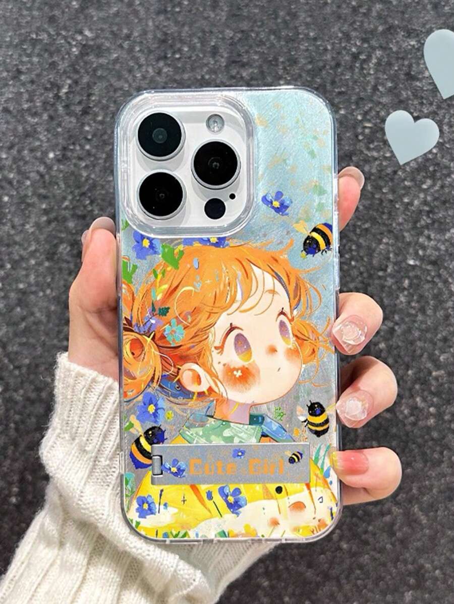 1个银色羽毛薄纱可爱卡通蜜蜂女孩手机壳，带3D金属支架，兼容 11/12/13/14/15/16/17/Pro Max - 銀色 - 查看 1