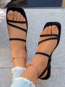 女士新款两用凉鞋，2026新款时尚精致绑带温柔女士平底拖鞋，夏季户外穿着 - 黑色 - 查看 2