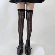 1 đôi tất dài đến đùi màu trắng mỏng, viền ren, trong suốt, thích hợp cho mùa xuân/hè, phong cách Lolita Nhật Bản. - màu đen - Xem 1