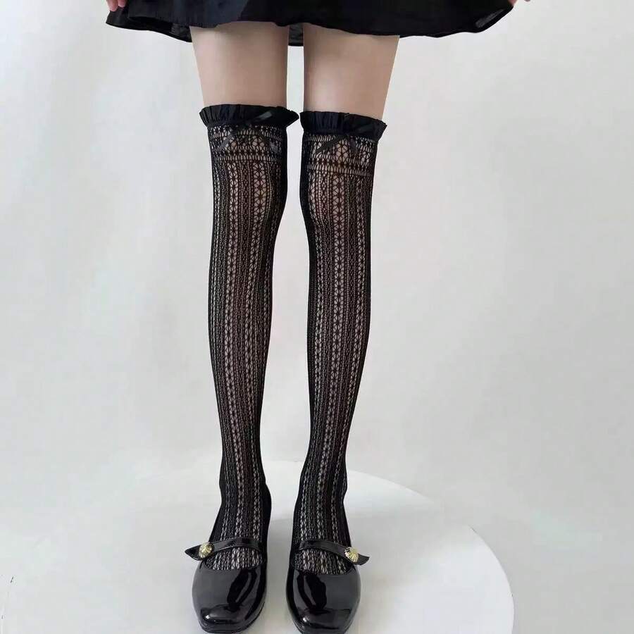 1 đôi tất dài đến đùi màu trắng mỏng, viền ren, trong suốt, thích hợp cho mùa xuân/hè, phong cách Lolita Nhật Bản. - màu đen - Xem 1