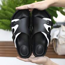 Men's Casual Slippers, Buckle Design Beach Sandals, Versatile Non-Slip Fashion Slides, Suitable For All Seasons - Black and White - View 10