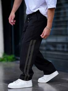 男士條紋直筒寬鬆運動長褲，百搭休閒褲，適合登山、健身、通勤，春秋穿著 - 深灰色 - 查看 2