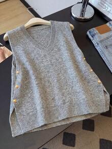 大码女士优雅柔软针织背心，侧边金属纽扣，V领宽松休闲无袖上衣，通勤百搭，春秋季穿着 - 灰色 - 查看 2