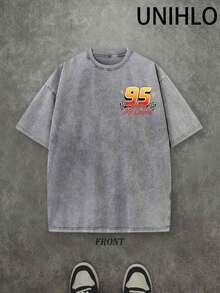 Disney UNIHLO  Lightning Mcqueen  Printed Summer Heavyweight Retro Washed Street Fashion Casual T-Shirt - 灰色 - 查看 2