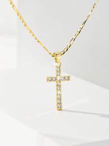 1pc European & American Classic Copper Inlaid Zirconia Cross Pendant Necklace, Limited Edition "Light Of Protection", Suitable As Gift For Christmas, Thanksgiving, Halloween, Mother's Day, Valentine's Day, Friends, Communion, Daily Wear & Prayer - Yellow Gold - View 4
