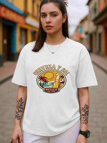 Camiseta de manga corta con estampado de playa mexicana y cerveza para mujer 2026, playeras casuales para salir con amigos Playeras de mujer 2026, camiseta de algodón con estampado de cerveza y sol retro mexicano, camiseta casual para playa y fiestas - Blanco - Ver 8