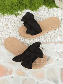 1双女士黑色蝴蝶结装饰布艺平底拖鞋，高弹透气减震防滑耐磨圆头简约时尚沙滩风泡沫拖鞋，适合3-15岁女孩日常、居家、旅行、派对穿着，2026春夏新款泡沫拖鞋 - 黑色 - 查看 7
