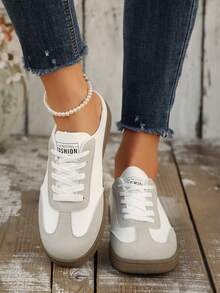 复古德式休闲低帮运动鞋，时尚百搭运动滑板鞋，简约白色运动鞋 - 米色 - 查看 4