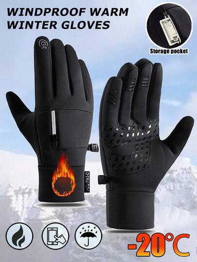 1 Pair Unisex Winter Warm Gloves, Windproof Waterproof Touchscreen Gloves With Storage Pocket, Suitable For Skiing, Snowboarding, Cycling, Hiking And Daily Use, Thickened Warm Snow Gloves For Men And Women