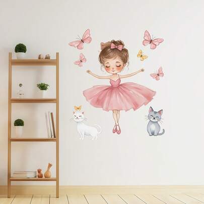 Väggdekoration med tecknad katt och ballerina, väggdekoration för barnrum, självhäftande väggdekor, present till tonårsflickors rum