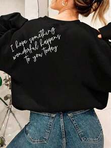 Valentine Outfits For Women2026Wonderful Day Kind, Positive Letter Graphic Cute Women Oversized Crew Neck Long Sleeve Casual Sweatshirt, Autumn/Wintervalentine's Day Valentines Clothes - 黑色 - 查看 10