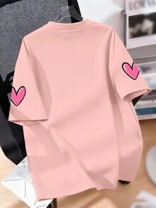 甜美甜点爱心印花圆领T恤，柔软舒适，适合青少年女孩夏季休闲穿着。 - 粉色 - 查看 3