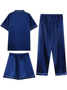 Conjunto de Pijama de Cetim de 3 Peças para Homem: Cor Sólida, Top de Manga Curta com Botões, Robe de Dormir e Calças Compridas. Roupa de Estar em Casa Macia, Confortável e Respirável - Azul - Ver 2