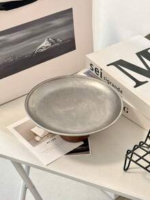 1pc Wooden Pedestal Stainless Steel Plate, Suitable For Dining Table, Restaurant, Kitchen, Party, Birthday - Vintage Silver Plate Wooden High Legs - View 9