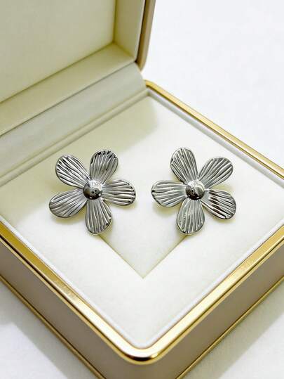 1. Elegantes pendientes de flor de acero inoxidable plateado - Pendientes de damas elegantes y sencillos - Adecuados para uso diario