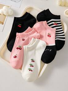 5 Pairs Women's Cute Cherry & Striped Pattern Ankle Socks, Black And Pink, Non-Slip, Breathable, Suitable For Spring/Summer - Multicolor - View 9