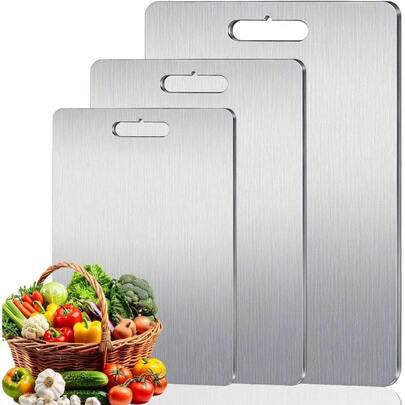3 Piezas Tabla Para Picar Acero Inoxidable 304Autntico, Tablas Para Picar Cocina, Titanium Cutting Board, Tabla Para Cortar Con 3 Tallas, Para Diferentes Materiales Alimenticios, Anticorrosin