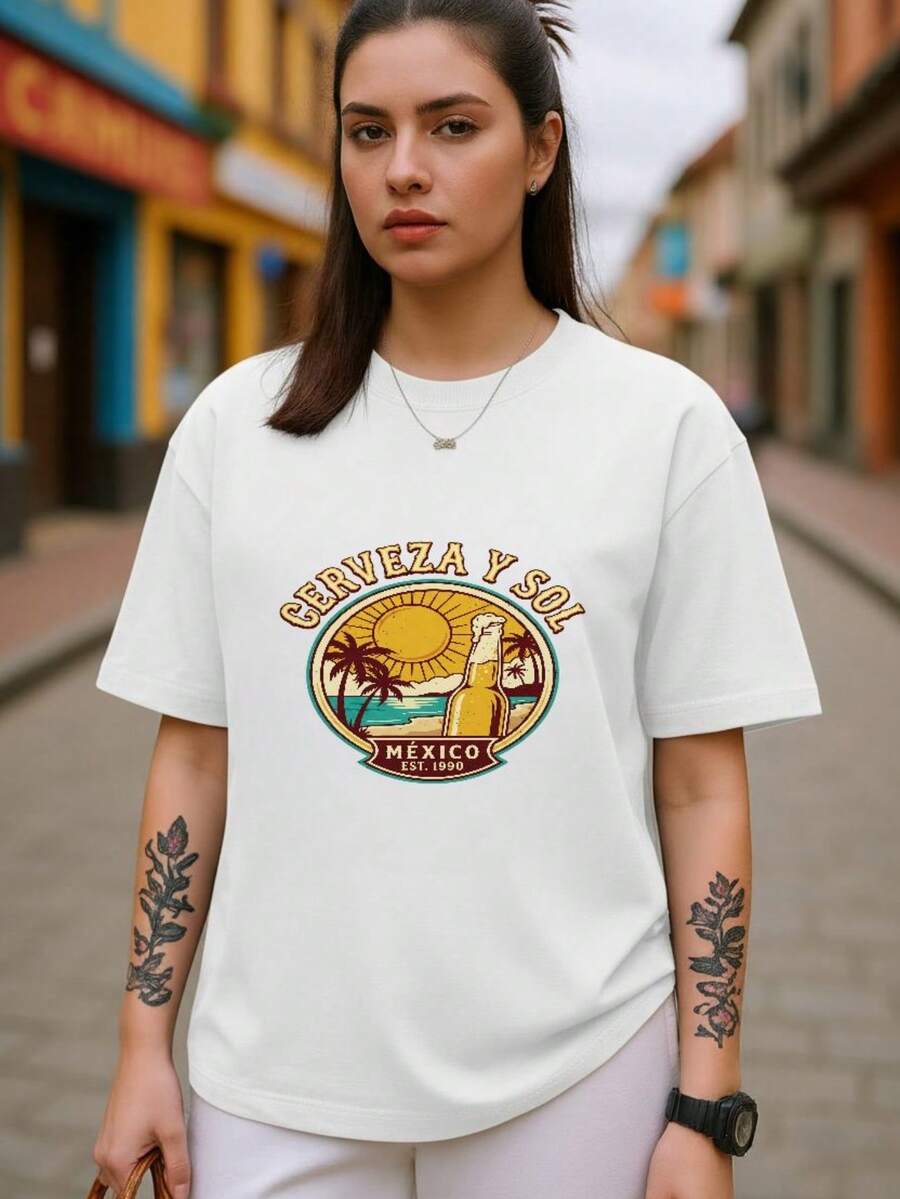 Camiseta de manga corta con estampado de playa mexicana y cerveza para mujer 2026, playeras casuales para salir con amigos Playeras de mujer 2026, camiseta de algodón con estampado de cerveza y sol retro mexicano, camiseta casual para playa y fiestas - Blanco - Ver 1
