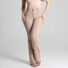 Calça Jeans Feminina Sawary Cintura Alta Flare Boca Sino Elastano Lycra Confortável Fler Bonita - Bege - Visão 13