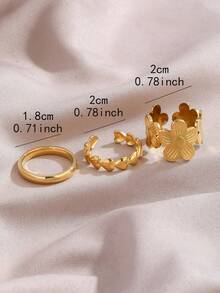 Elegant Minimalist Gold Tone Ring Set - Includes Simple Band, Heart Stacking Ring, And 3D Flower Ring, Versatile For Daily Wear, Commute, And Dates - Gold - View 2