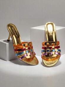 2026 Summer New Women's 9cm Pointed Toe Stilettos, Shiny Gold Color With Colorful Transparent Strap Patchwork, Casual Rhinestone Party & Evening Wear - Gold - View 6