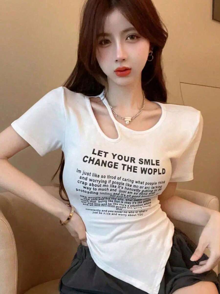 Minimalist Hollow Out Graphic T-Shirt, Unique Design Letter Print Casual Undershirt - White - View 1