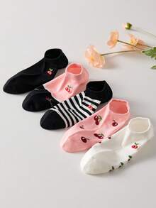 5 Pairs Women's Cute Cherry & Striped Pattern Ankle Socks, Black And Pink, Non-Slip, Breathable, Suitable For Spring/Summer - Multicolor - View 4
