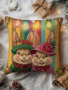 1件复古兔子印花抱枕套，45厘米 x 45厘米/18英寸 x 18英寸，复活节风格装饰抱枕套，100%涤纶，手洗，拉链封口，适用于客厅、卧室、沙发、床、户外装饰，不含枕芯 - 彩色 - 查看 9