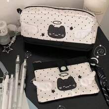 1pc Angel & Devil Polka Dot Cat Design High-Capacity Student Stationery Pouch, Pencil Case, Card Holder - Multicolor - View 6
